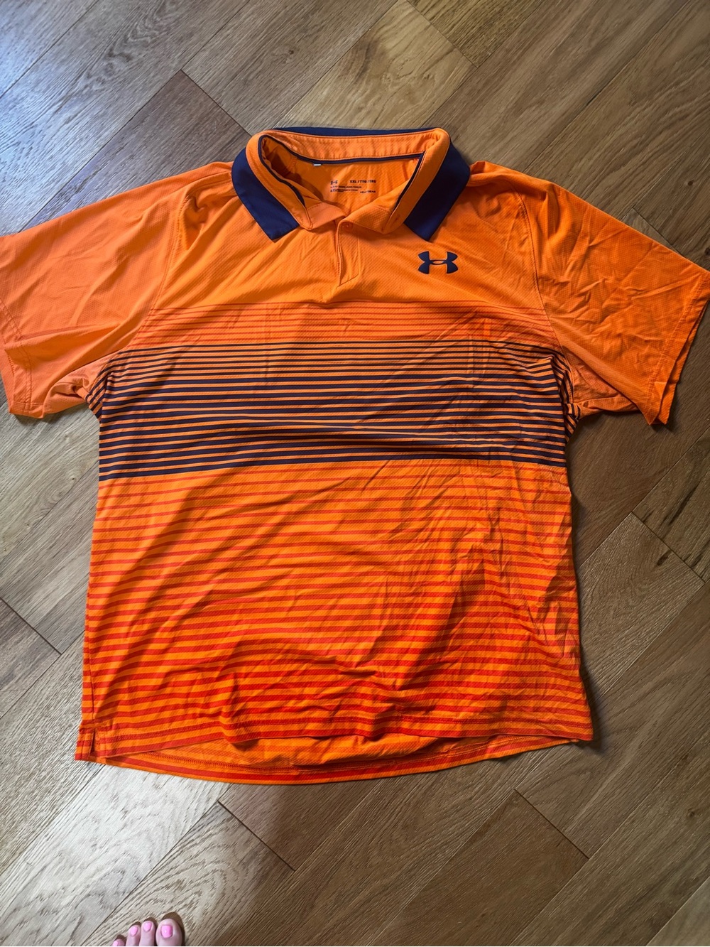 Under Armour Men’s Bright Orange Polo with Navy Collar and Stripes
